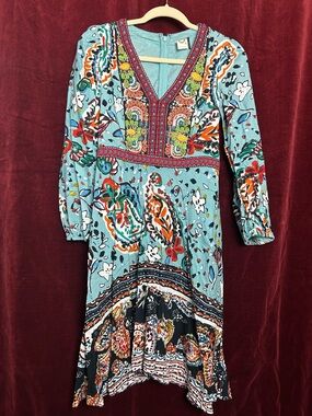 Anthropology Beaded Boho Teal Paisley Embroidered Long-Sleeve Maxi Dress